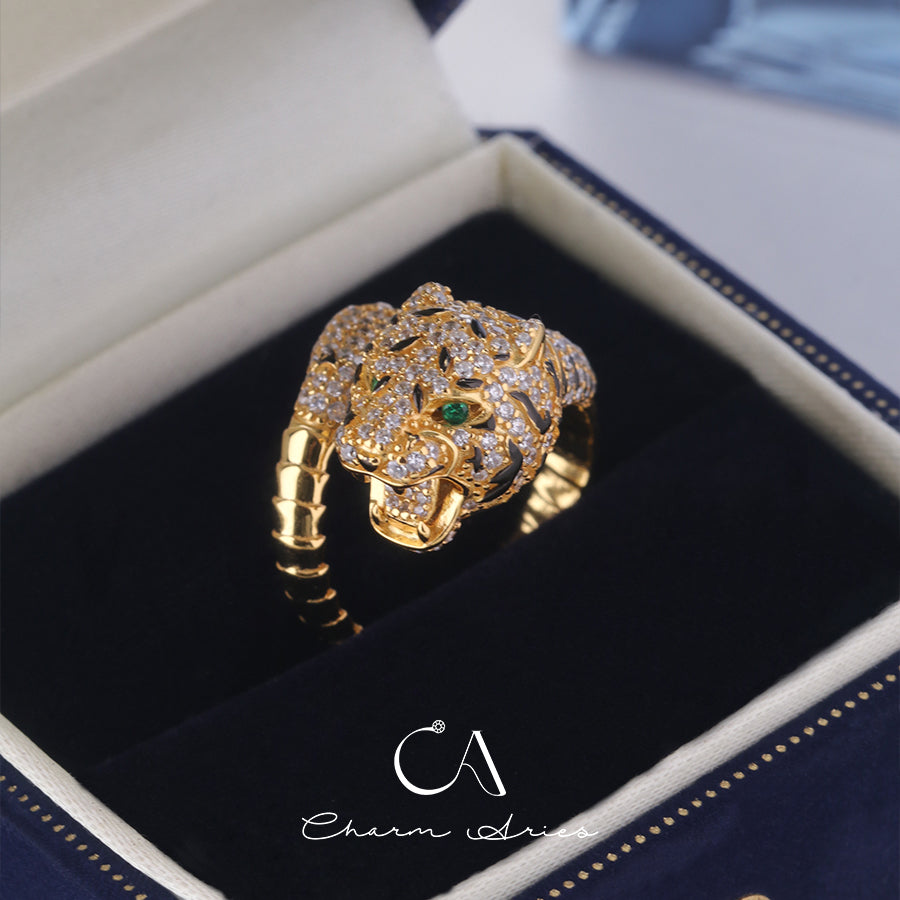 FULL DIAMOND SPOTTED LEOPARD HEAD S925 RING