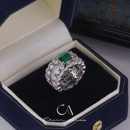 WIDE FULL DIAMOND SET EMERALD S925 RING