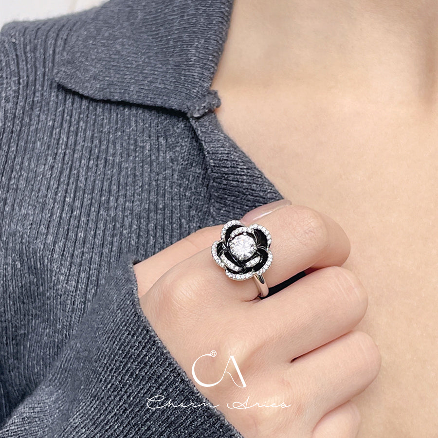 BLACK ENAMEL CAMELLIA  S925 RING