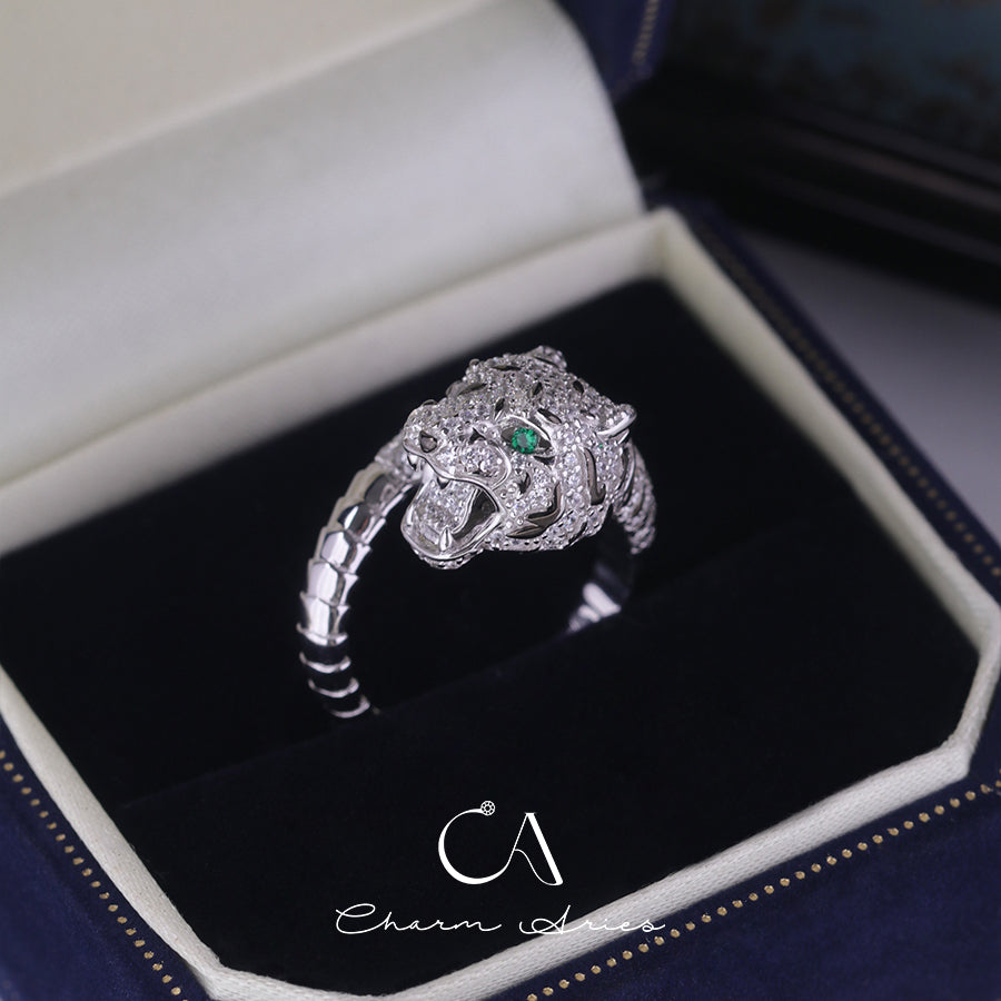 FULL DIAMOND SPOTTED LEOPARD HEAD S925 RING