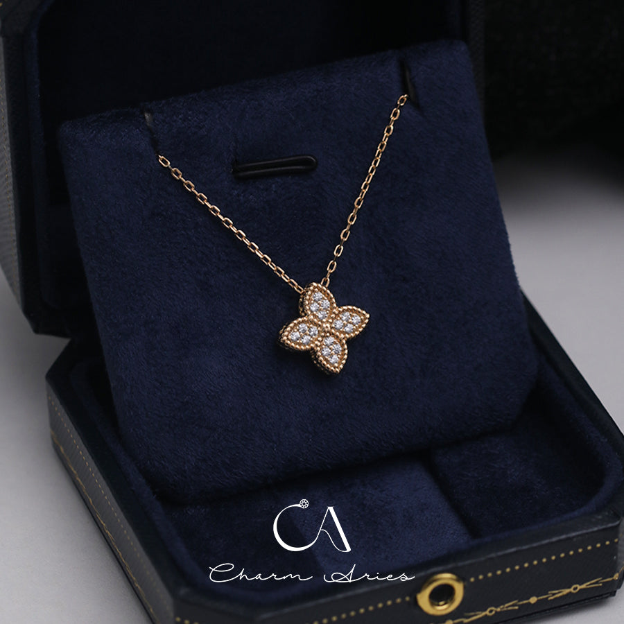 FOUR PETAL FLOWER  S925 SILVER FULL DIAMOND NECKLACE