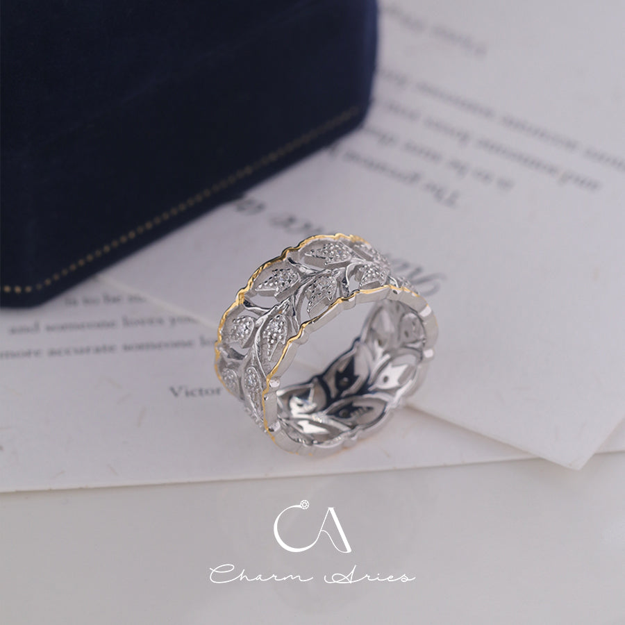 VINTAGE FEELING LEAF S925 SKELETON FLASH DIAMOND RING