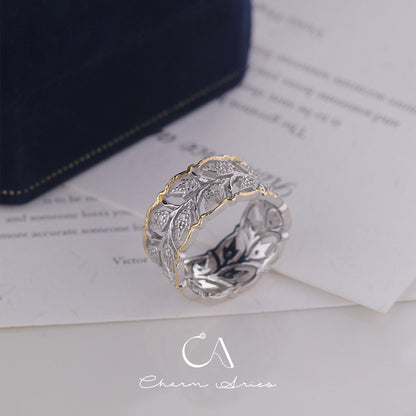 VINTAGE FEELING LEAF S925 SKELETON FLASH DIAMOND RING