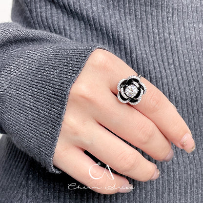 BLACK ENAMEL CAMELLIA  S925 RING