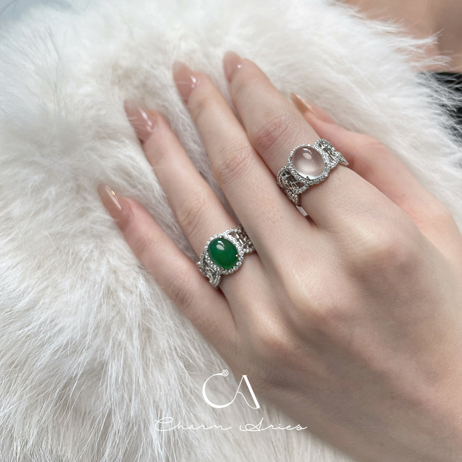 HIGH ICE GLASS EGG LACE S925 NATURAL WATER FOAM JADE RING