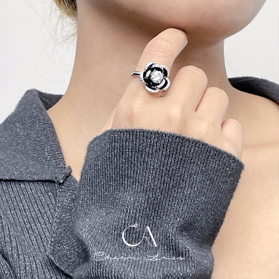 BLACK ENAMEL CAMELLIA  S925 RING