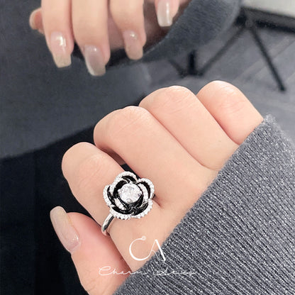 BLACK ENAMEL CAMELLIA  S925 RING