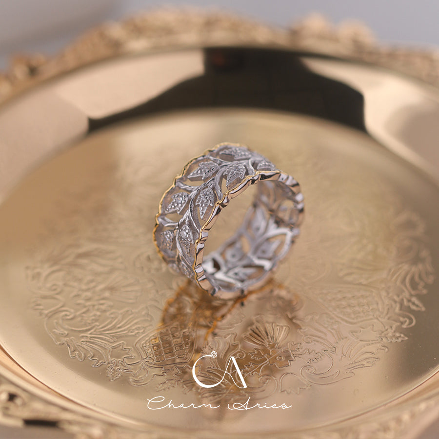 VINTAGE FEELING LEAF S925 SKELETON FLASH DIAMOND RING