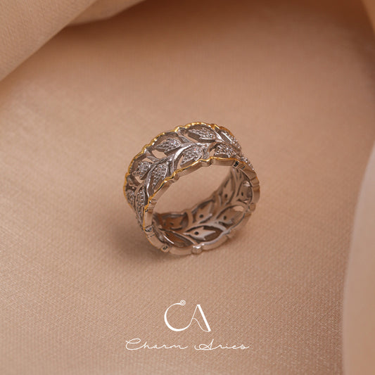 VINTAGE FEELING LEAF S925 SKELETON FLASH DIAMOND RING