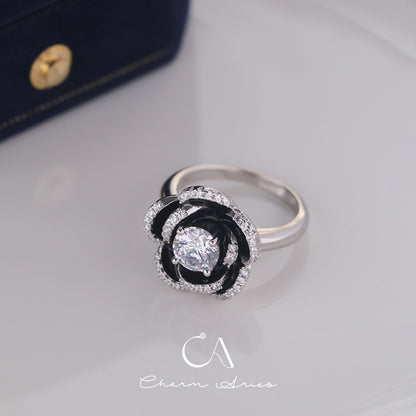 BLACK ENAMEL CAMELLIA  S925 RING