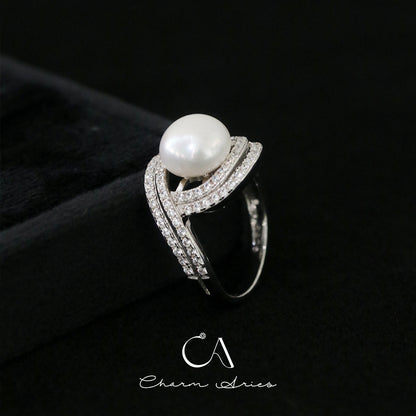 NATURAL FRESHWATER PEARLS S925  FULL DIAMOND RING