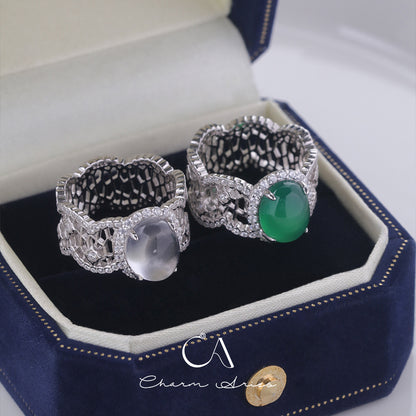 HIGH ICE GLASS EGG LACE S925 NATURAL WATER FOAM JADE RING