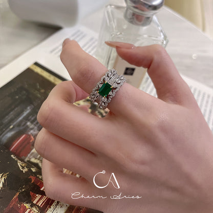 WIDE FULL DIAMOND SET EMERALD S925 RING