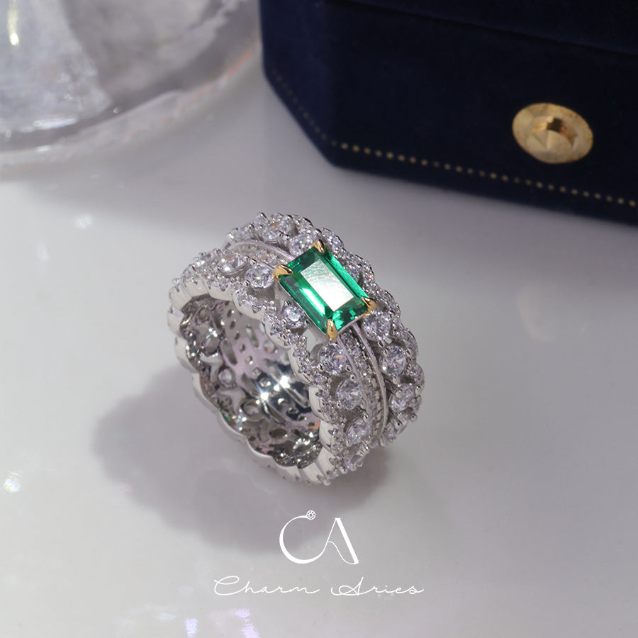 WIDE FULL DIAMOND SET EMERALD S925 RING