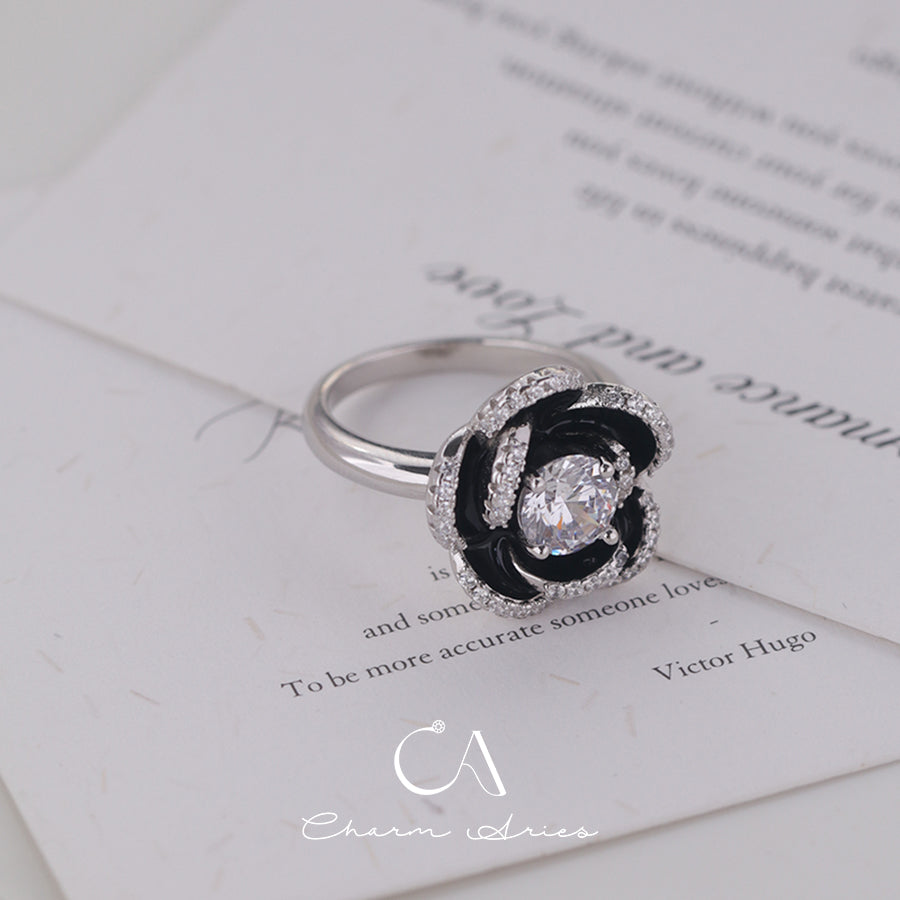 BLACK ENAMEL CAMELLIA  S925 RING