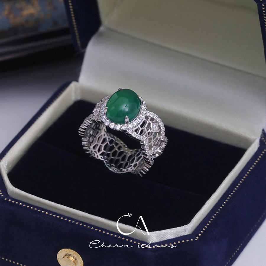 HIGH ICE GLASS EGG LACE S925 NATURAL WATER FOAM JADE RING