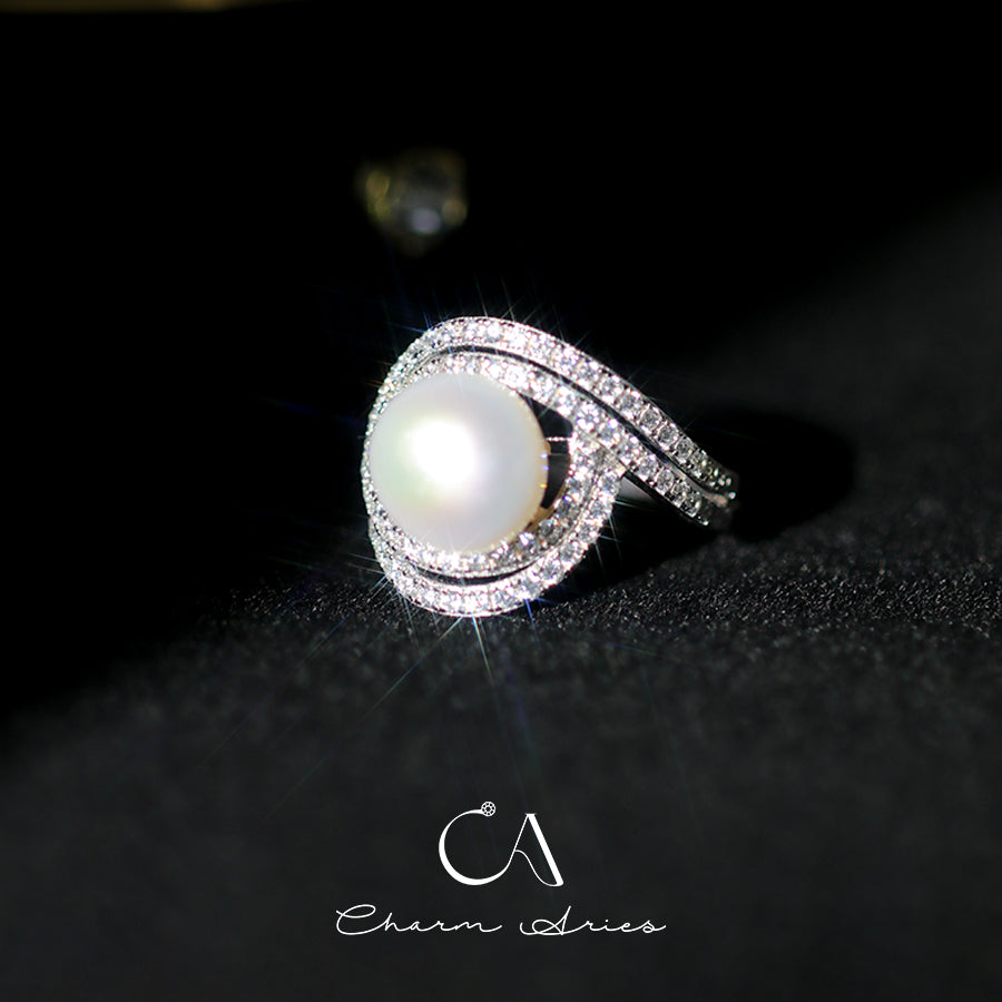 NATURAL FRESHWATER PEARLS S925  FULL DIAMOND RING