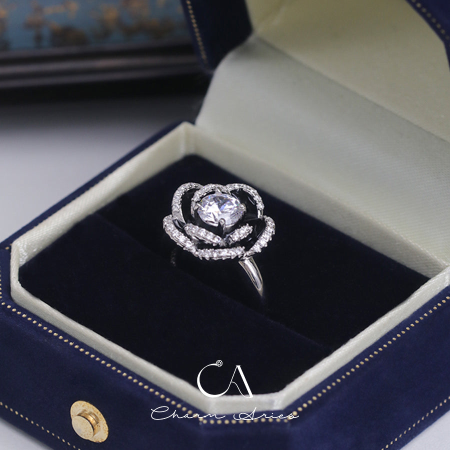 BLACK ENAMEL CAMELLIA  S925 RING