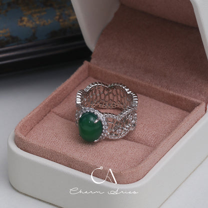 HIGH ICE GLASS EGG LACE S925 NATURAL WATER FOAM JADE RING