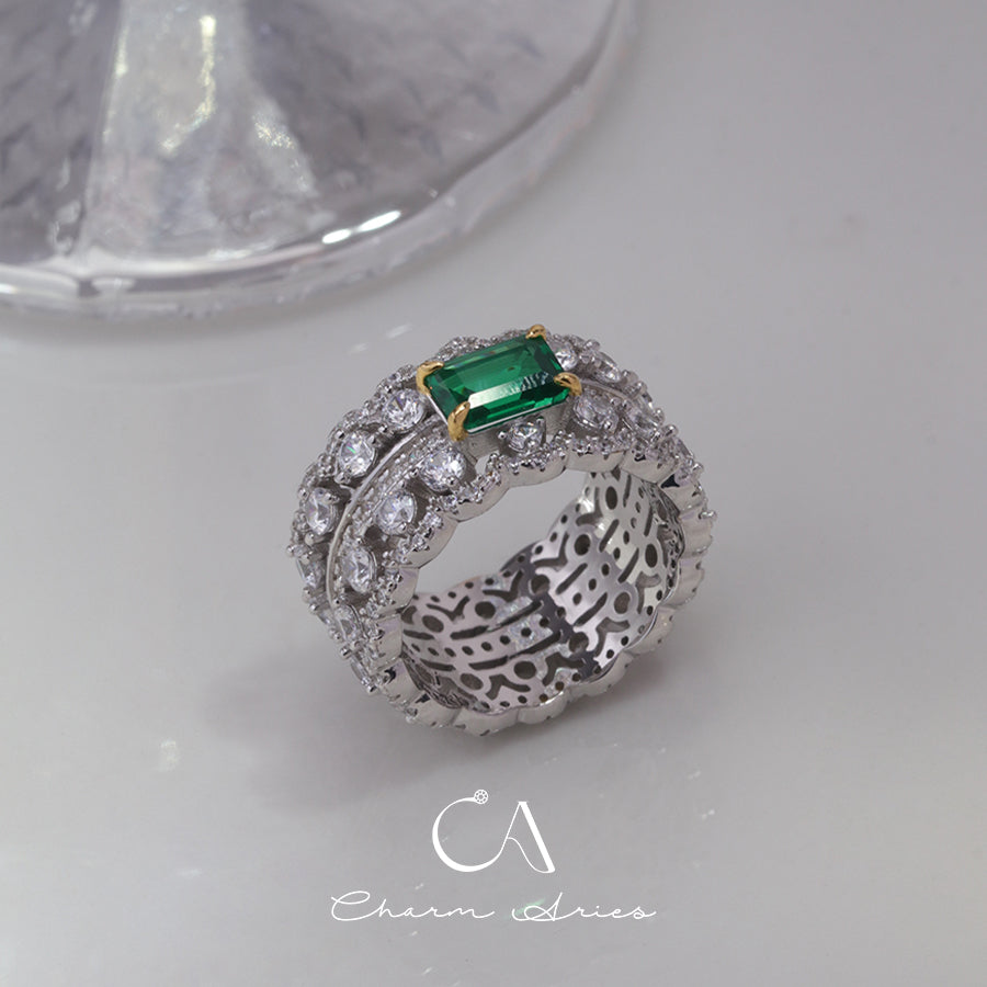 WIDE FULL DIAMOND SET EMERALD S925 RING