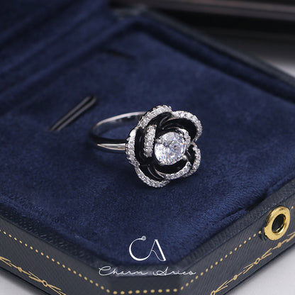 BLACK ENAMEL CAMELLIA  S925 RING