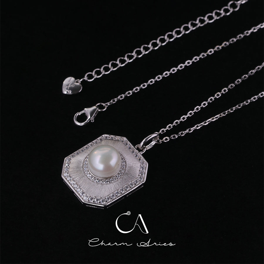 NATURAL FRESHWATER PEARLS S925  FULL DIAMONDS NECKLACE