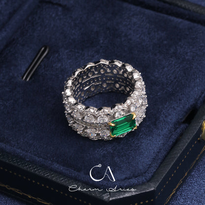 WIDE FULL DIAMOND SET EMERALD S925 RING