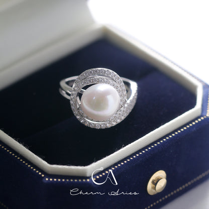 NATURAL FRESHWATER PEARLS S925  FULL DIAMOND RING