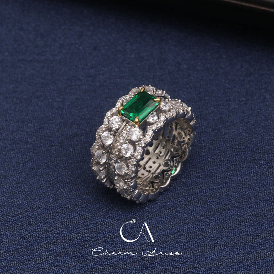 WIDE FULL DIAMOND SET EMERALD S925 RING