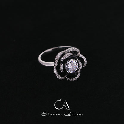 SCHWARZER EMAILLE-KAMELIE-RING S925