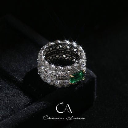 WIDE FULL DIAMOND SET EMERALD S925 RING