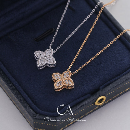 FOUR PETAL FLOWER  S925 SILVER FULL DIAMOND NECKLACE