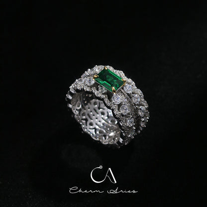 WIDE FULL DIAMOND SET EMERALD S925 RING