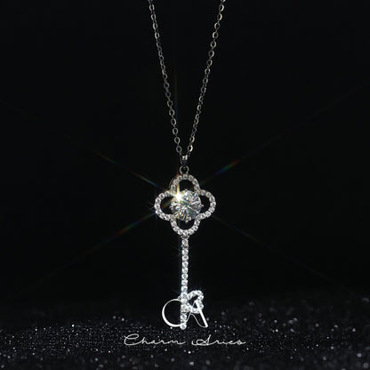 CLOVER FULL DIAMOND KEY PENDANT S925 SILVER NECKLACE