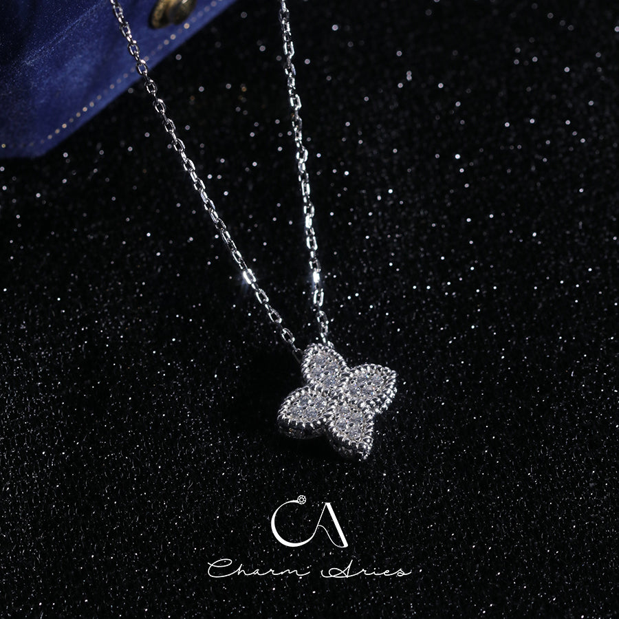 FOUR PETAL FLOWER  S925 SILVER FULL DIAMOND NECKLACE