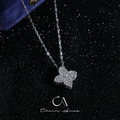 FOUR PETAL FLOWER  S925 SILVER FULL DIAMOND NECKLACE