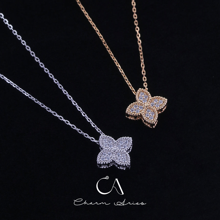 FOUR PETAL FLOWER  S925 SILVER FULL DIAMOND NECKLACE