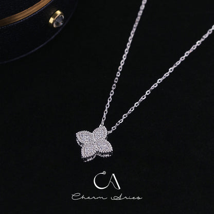 FOUR PETAL FLOWER  S925 SILVER FULL DIAMOND NECKLACE