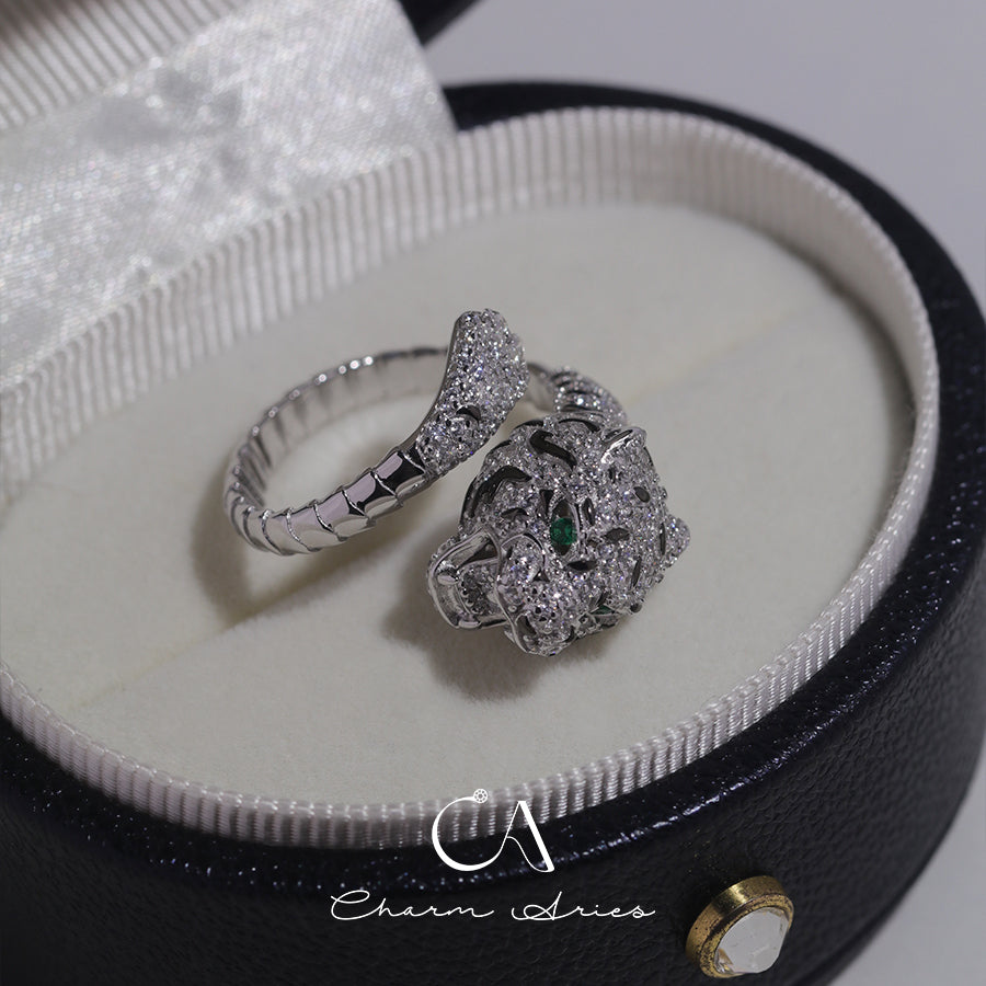 FULL DIAMOND SPOTTED LEOPARD HEAD S925 RING