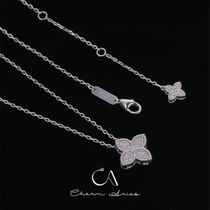 FOUR PETAL FLOWER  S925 SILVER FULL DIAMOND NECKLACE