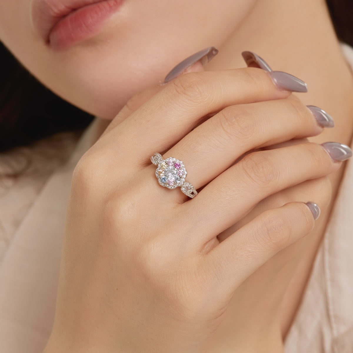 [CharmAries]Delicate Colorful Round Cut Flower Shape Wedding Ring