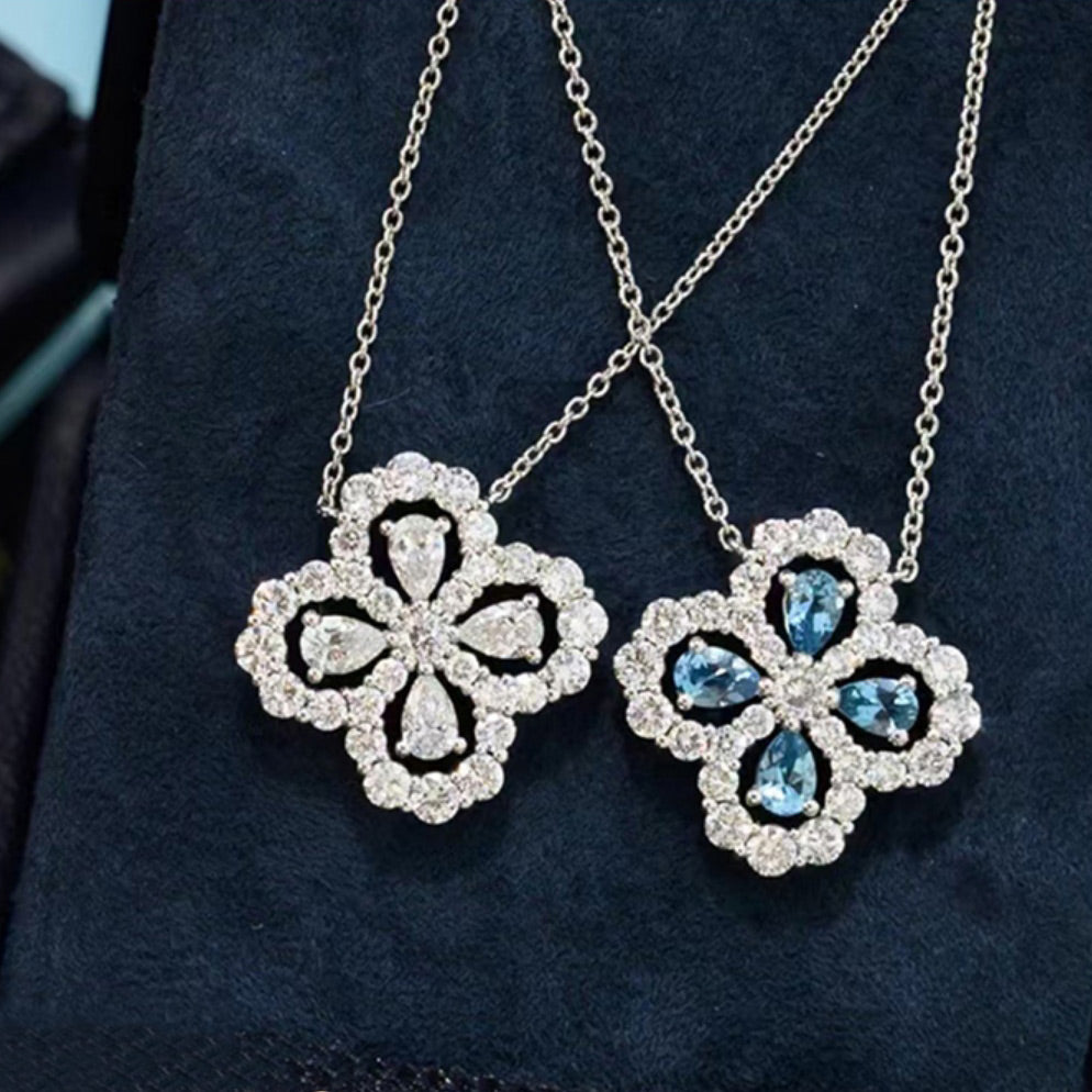 [CharmAries]CLOVER 1 DIAMOND LIGHT BLUE SILVER NECKLACE